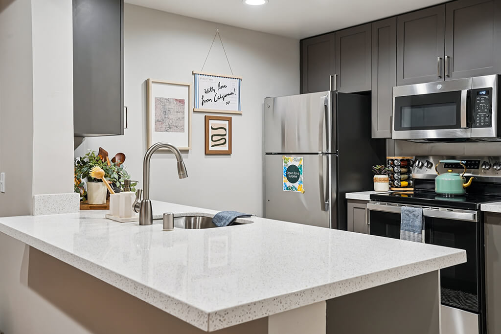 Renovated kitchen at Haven at Del Mar Station in Pasadena CA